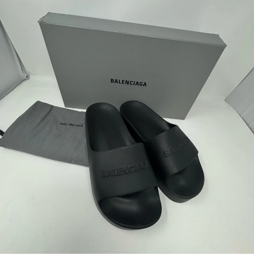 Balenciaga Logo-embossed rubber flatform chunky slides Black 39 Or US 9 - Picture 2 of 8